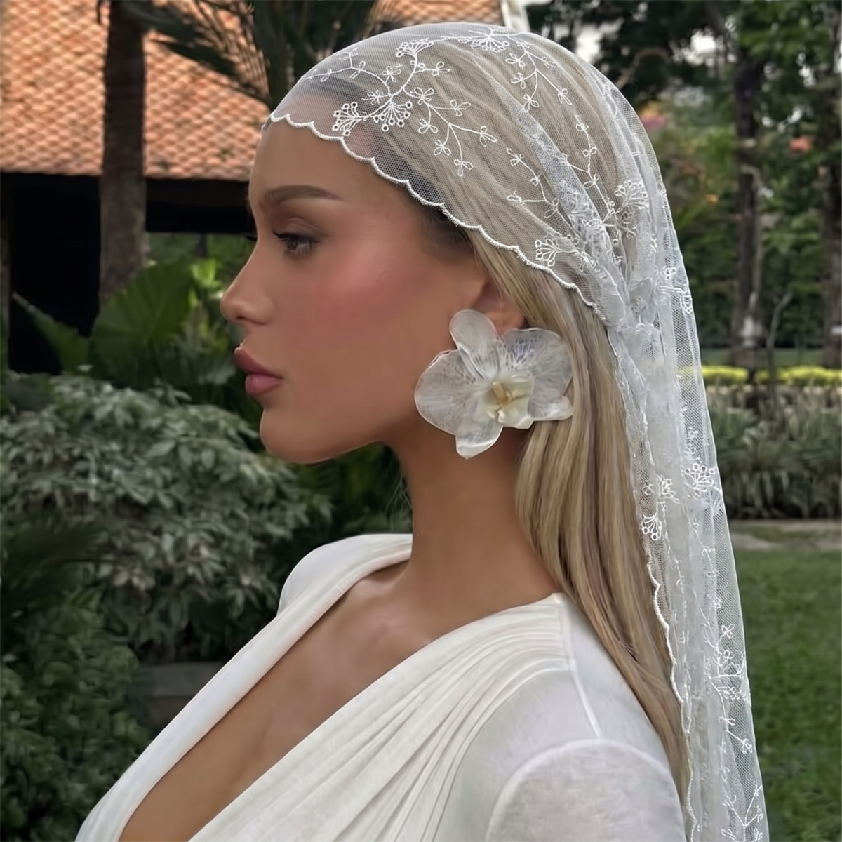 Hair Net Invisible - White Floral Lace Mesh Headscarf Women
