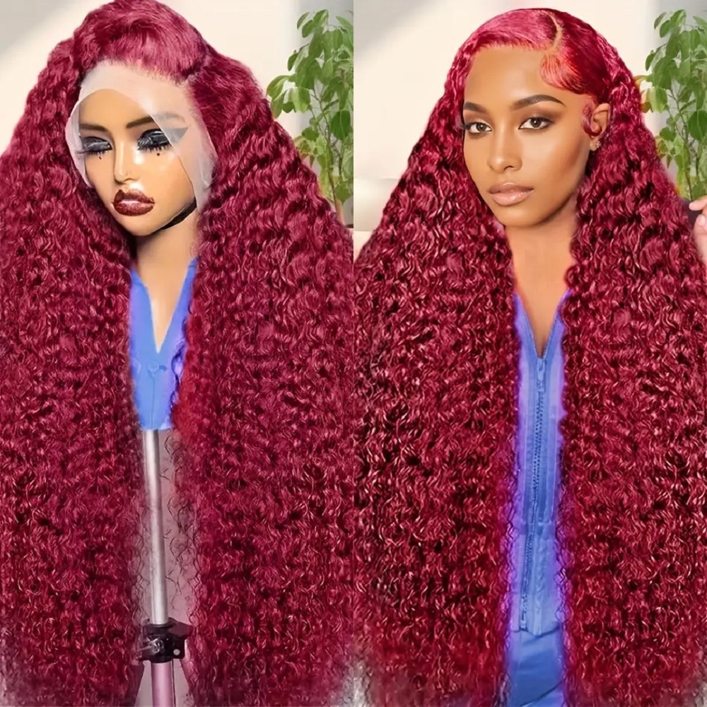 Lace Front Wig - 200 Density Burgundy Deep Wave Human