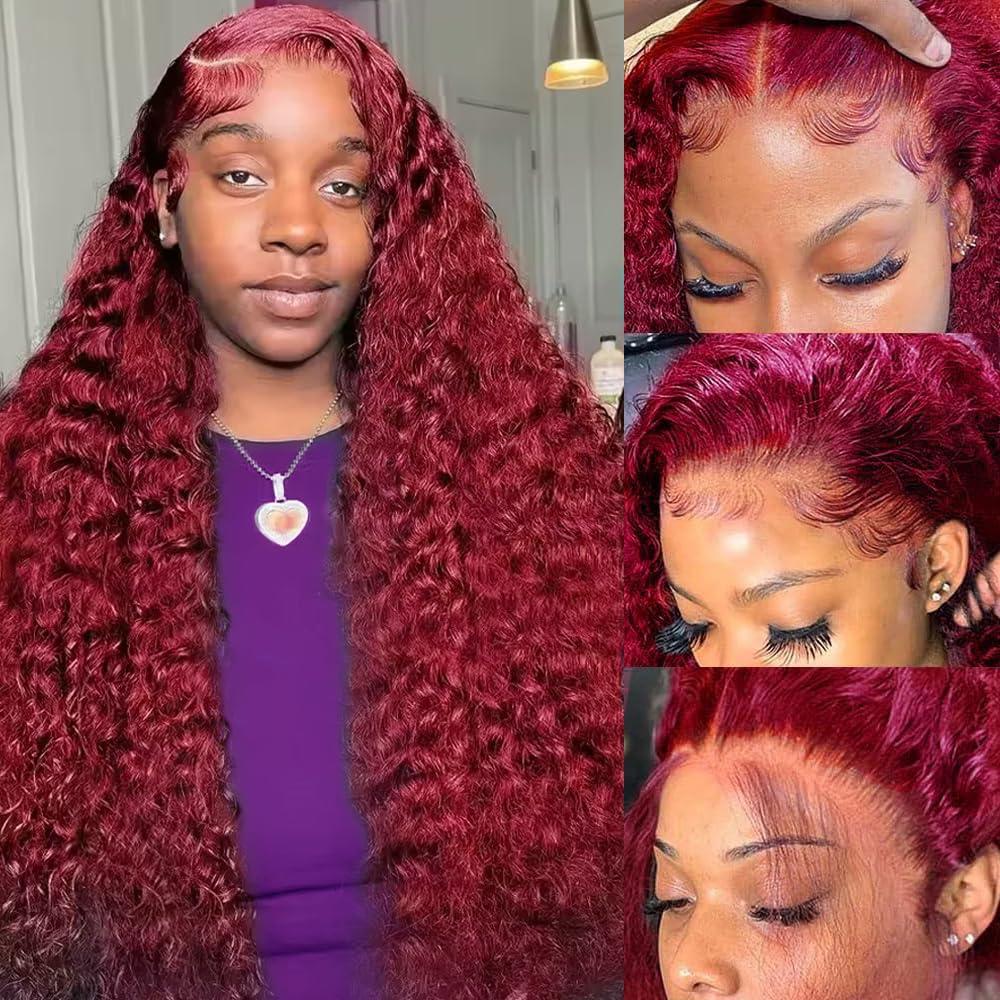 200 Density Burgundy Deep Wave - Lace Front Wig ulasan dan harga